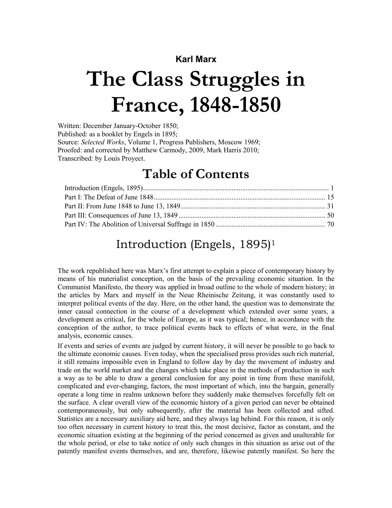 Class Struggles in France 1848-1850